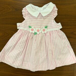 Pink Striped Flower-Applique Girls Dress with White Collar Florence Eiseman 12m